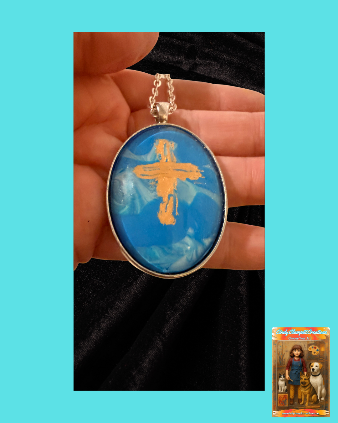Gold Cross in Blue - Oval