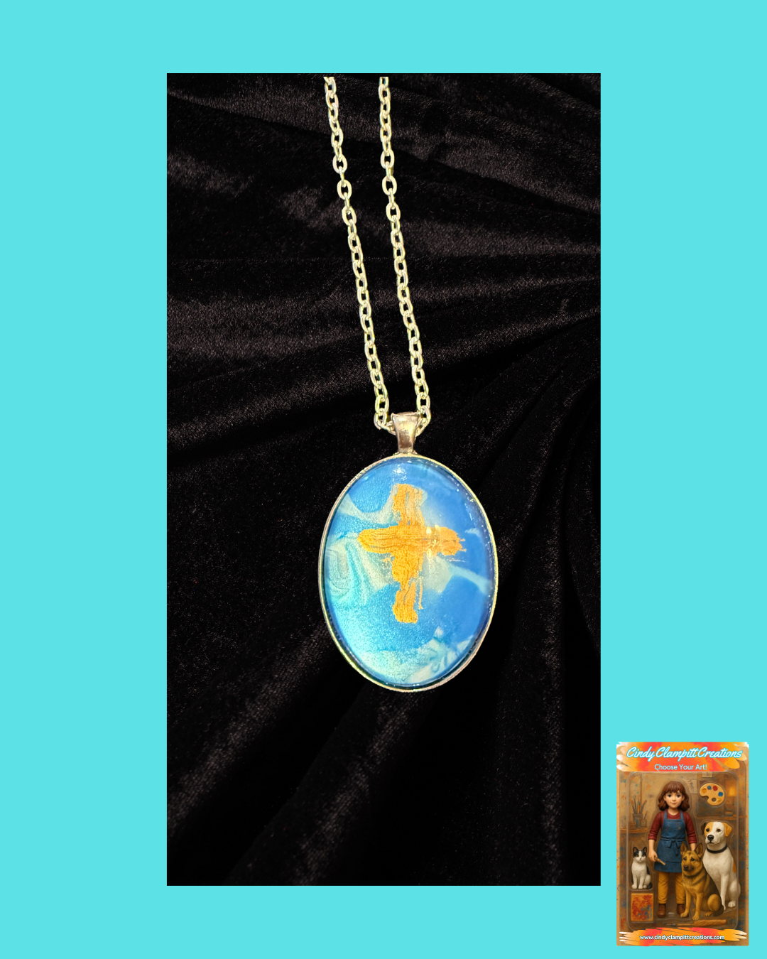 Gold Cross in Blue - Oval