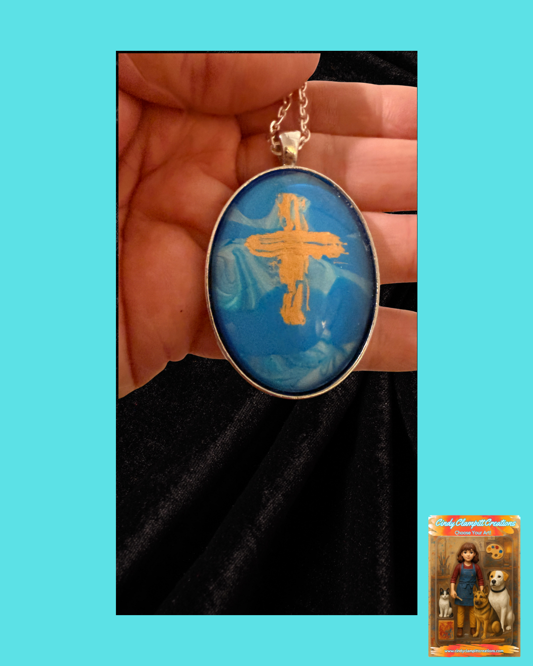 Gold Cross in Blue - Oval
